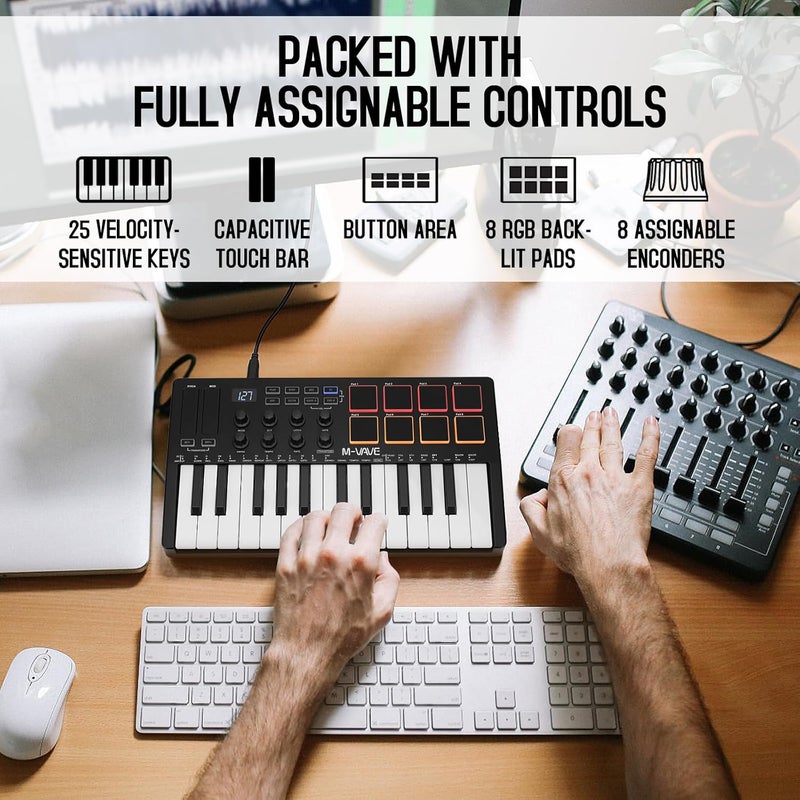 M-VAVE M-Wave 25 Key USB MIDI Keyboard Controller With 8 Backlit Drum Pads, Bluetooth Semi Weighted Professional dynamic keybed 8 Knobs and Music Production,Software Included (classics) K5 - Image 3
